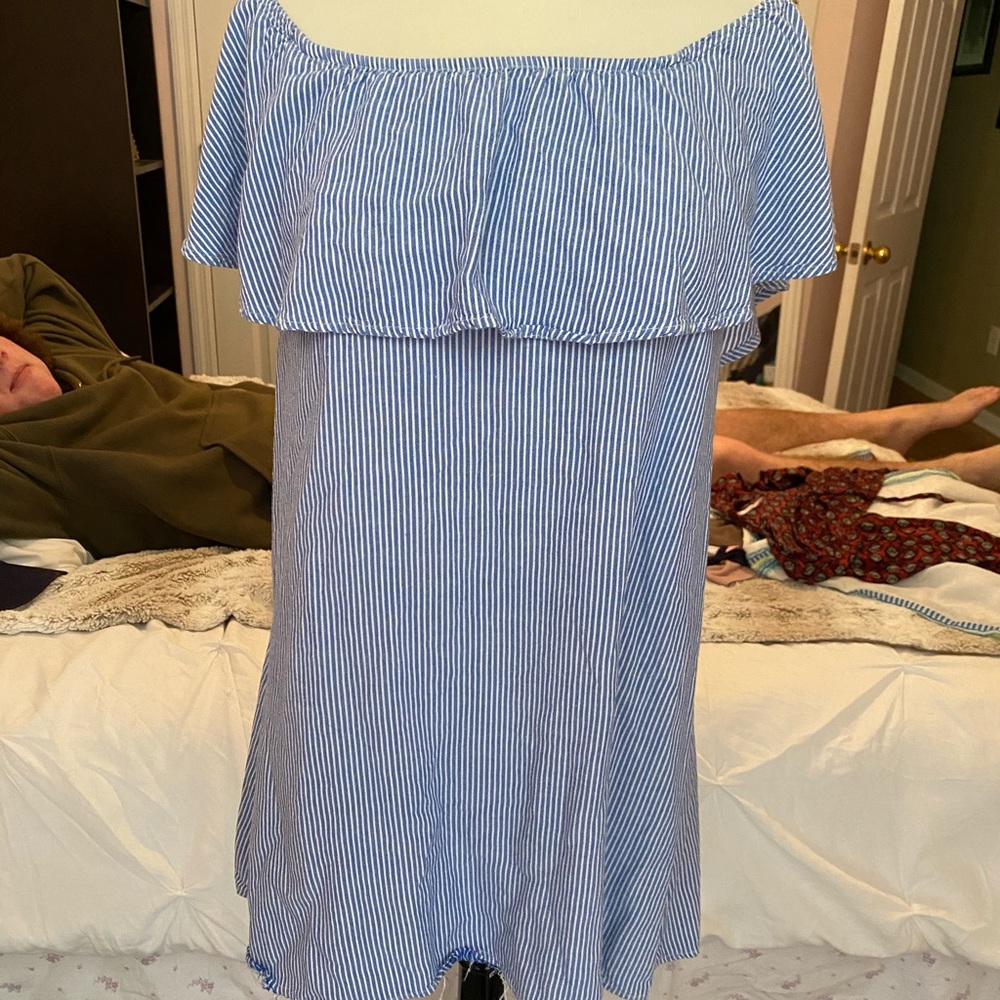 Pin stripe off the shoulder dress